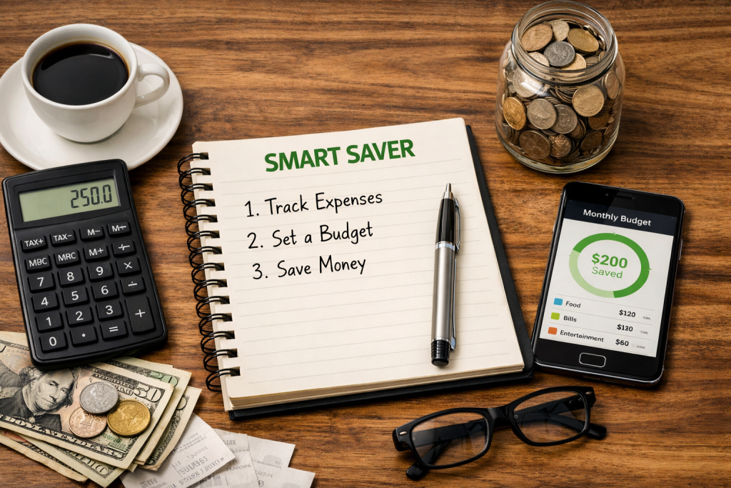 SmartSaver digital illustration of a person reviewing documents with a financial growth chart for money-saving guidance