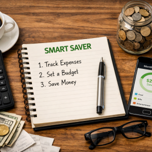 SmartSaver digital illustration of a person reviewing documents with a financial growth chart for money-saving guidance