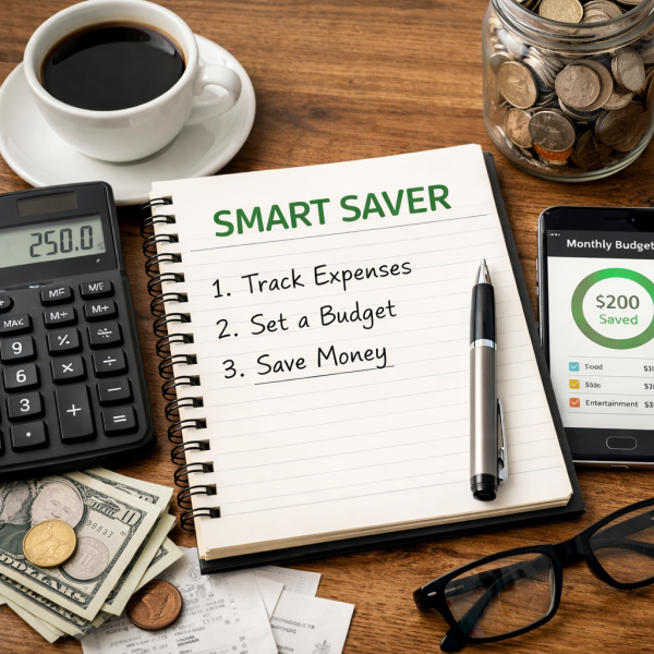 SmartSaver digital illustration of a person reviewing documents with a financial chart for money-saving guidance