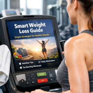 SmartSaver weight loss illustration showing a person reviewing health documents with a progress chart for the Weight Loss Guide