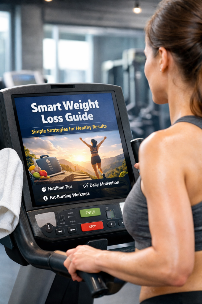 SmartSaver weight loss illustration showing a person reviewing health documents with a progress chart for the Weight Loss Guide