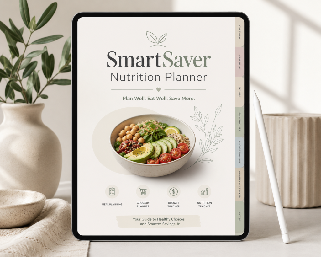 SmartSaver Nutrition Planner cover showing a clean, modern wellness design for healthy meal tracking