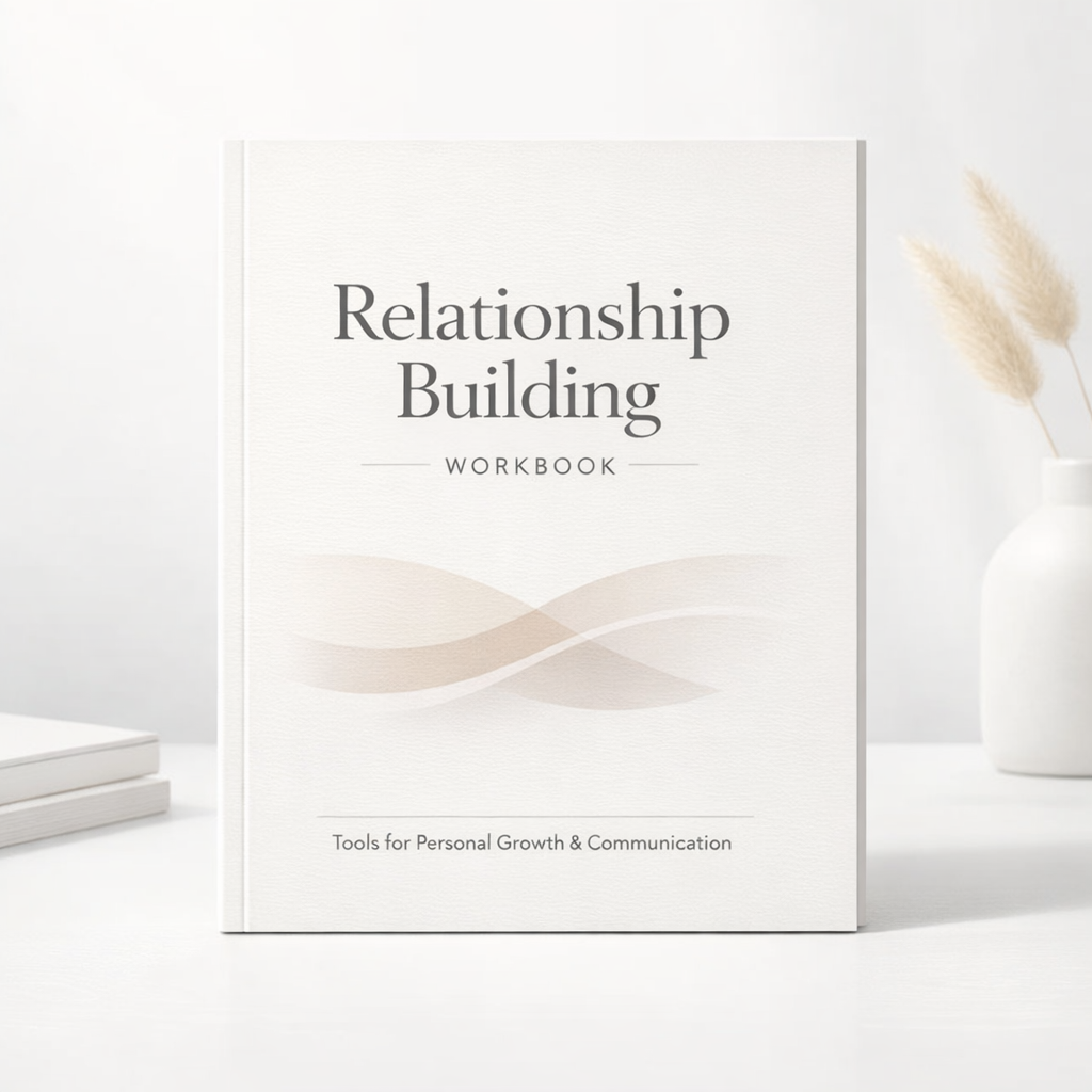 Relationship Building Workbook cover with a clean, modern design focused on communication and personal growth.