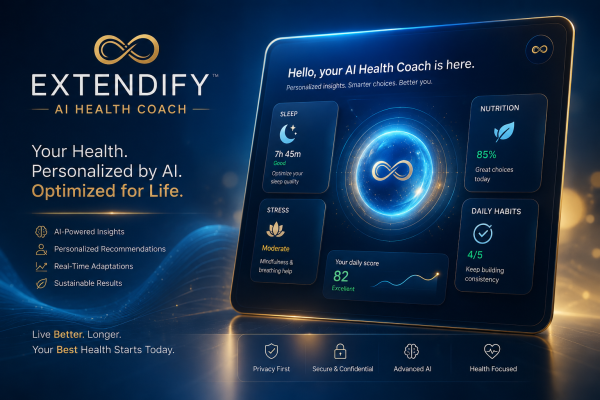 Extendify AI Health Coach digital interface with blue and gold wellness icons