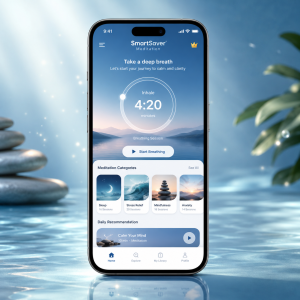 SmartSaver Meditation App mobile interface showing calming blue wellness dashboard for stress relief, sleep support, and mindfulness.