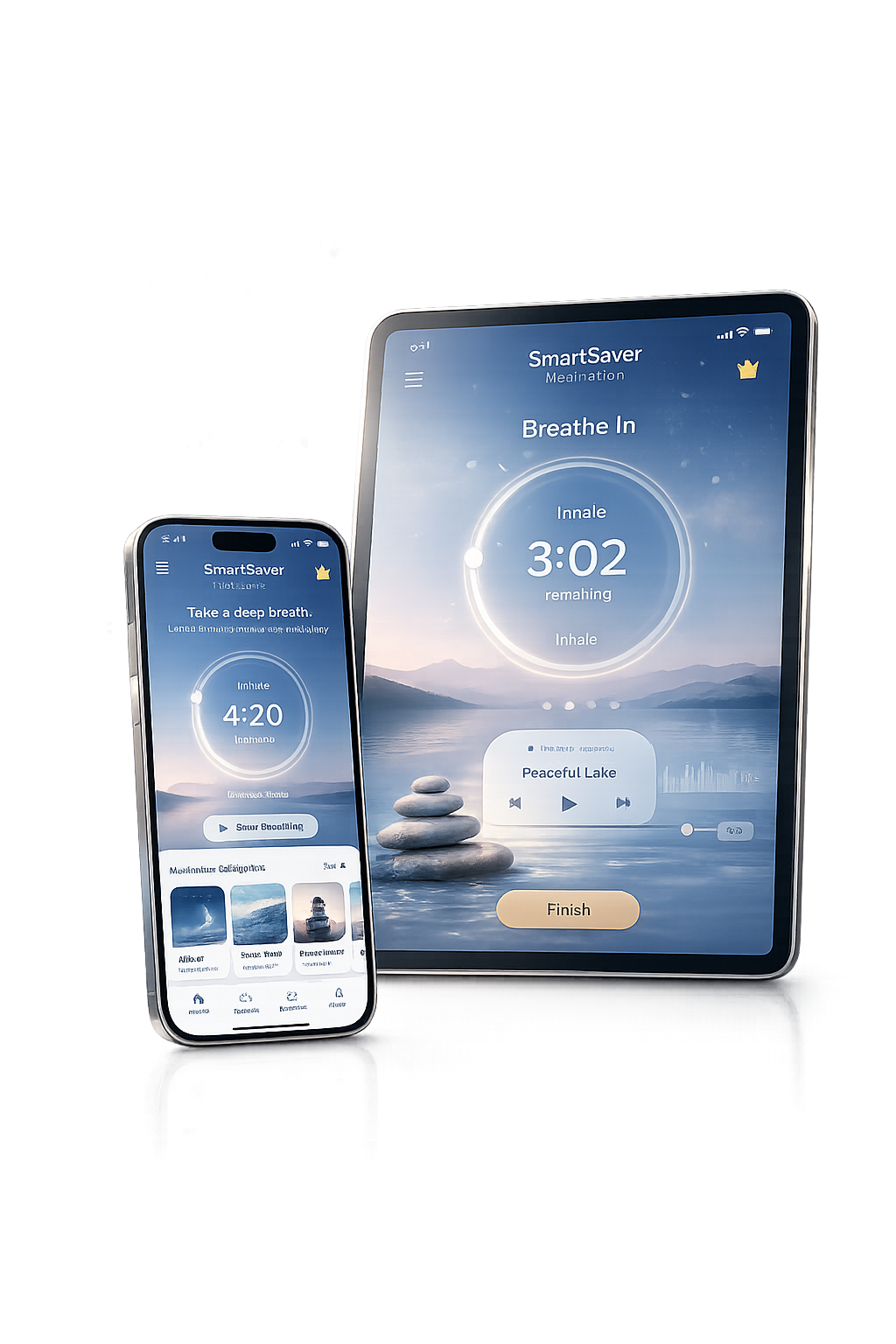 3D mockup of the SmartSaver Meditation App displayed on a smartphone and tablet with calming blue gradients and wellness interface.